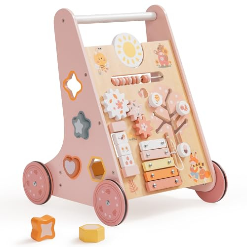ROBUD gåstol trä, baby gåstol, baby walker, kognitiv utveckling, rosa
