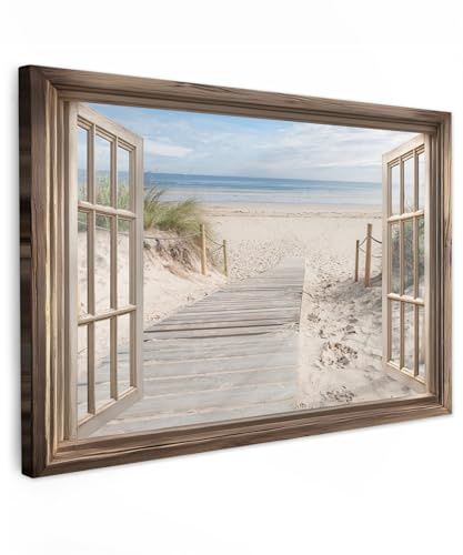MuchoWow© Wandbilder Groß XXL Schlafzimmer Home Deko Wohnung Bild | 120x80 cm - Wohnzimmer Fotoleinwand Wand Bilder Leinwand Wall Decor Fensterblick - Strand - Dünen - Weg - Landschaft