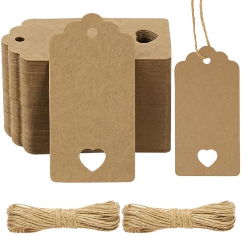 Flintronic 120 Stück Geschenkanhänger, Kraftpapier Anhänger zum Beschriften, mit 20m Jute Schnur, Quadrat Label, für Geschenkverpackung, Hochzeit, Halloween, Erntedankfest, Weihnachten, DIY(Braun)
