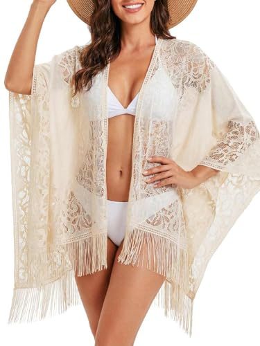 TWINKLEDE Women's Beach Summer Open Front Bathing Suit Tassel Swimsuit Cardigan (Beige)
