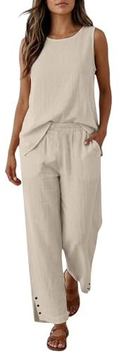 Cotton Linen Co Ord Sets for Women UK Sleeveless Top and Wide Leg Elastic Waist Trousers 2 Piece Lounge Wear Sets with Pockets Solid Colour Summer Holiday Co Ord Sets for Travel & Everyday S-3XL