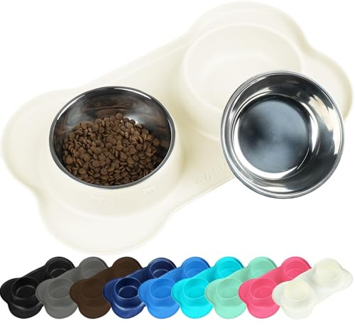 VIVAGLORY Hundenapf Splashfree Fressnapf Hund, Futternapf Hundeschüssel Silikonmatte Unterlage für Camping, Edelstahl Silikon Rutschfester rutschfest, M, Elfenbein