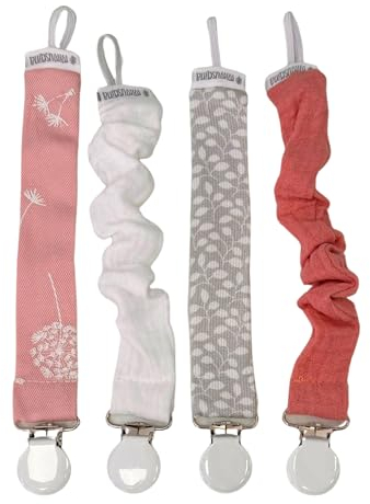 MIMUSELINA 4er Pack Schnullerkette mit Metallclip für Babys - Schnullerband zum Aufhängen von Schnullern - Schnullerclip aus Stoff (Rosa)