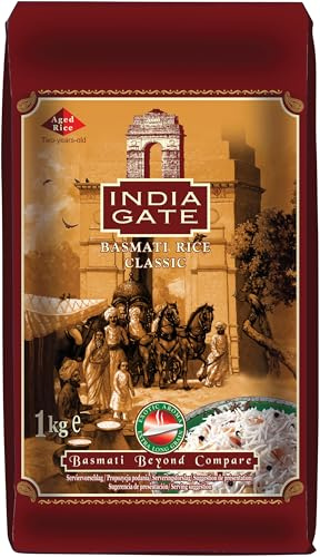 INDIA GATE Classic Basmati Rice (aus Indien, feines Langkorn) aromatisch, Vorratspackung - 1er Pack (1 x 1 kg) | Aromatisch mit feinen langen Körnern, kocht bis zu 30% mehr Volumen - perfekt für Biryani und Pulao