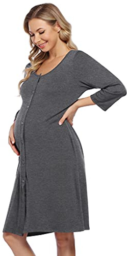 KOJOOIN Dam födelse amningsnattlinne pyjamas graviditet pyjamas nattkläder med genomgående knappslå (förpackning återanvändbar), Mörkgrå A (långärmad), S