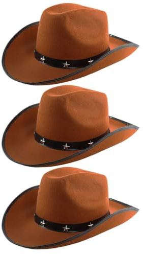 Cowboyhut für Erwachsene, mit Sternen, 3 Stück, brauner Filz, Cowboyhut mit Sternnieten, Wilder Westen, Kostümzubehör