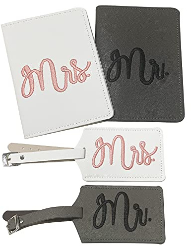 Portapasaporte Funda y Etiqueta de Equipaje,Maleta Accesorios,Viaje Identifier Etiquetas,Mr et Mrs Etiquetas de identificación de Maleta Luggage Etiquetas con correa de hebilla para Honeymoon Travel