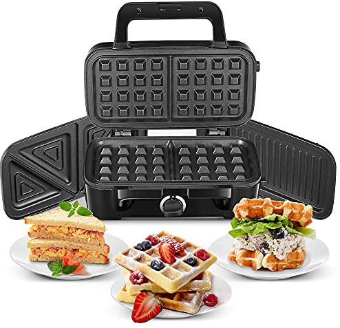 FOHERE Sandwich Toaster 3 in 1 Waffle Maker and Toasted Sandwich Maker with 5-Gears Temperature Setting and Non-Stick Teflon Coated Plates, Independent ON/OFF Button, Easy to Clean, 1200W
