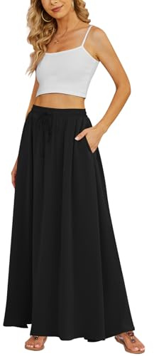 Yincro Women's Flowy Maxi Skirt Summer Pleated High Waisted Casual Long Skirts with Pockets (Black, XL)