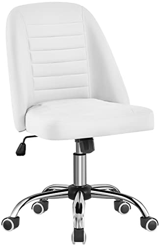Yaheetech Silla de Oficina Ergonómica - Giratoria 360° en Piel Sintética, Escritorio Ajustable en Altura con Ruedas, sin Reposabrazo, Carga MAX 136 KG, Blanca