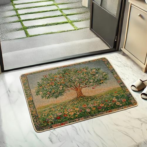 Paillasson arbre printanier, tapis floral coloré pour entrée extérieure et intérieure, décoration inspirée de la nature, tapis en caoutchouc imperméable, antidérapant, absorbant la poussière, facile à
