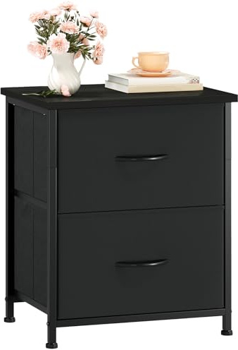 Somdot Black Bedside Table, Bedroom Bedside Cabinet with 2 Fabric Drawers, Nightstand Side Table for Kids Living Room Dorm, Black