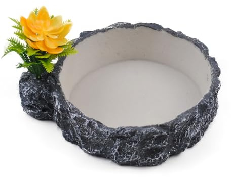 MUYG Reptile Food Bowl with Artificial Plant,Rock Reptile Water Dish Bearded Dragon Feed Terrariums Dish for Snake Tortoise Chameleon Hermit Crabs Turtle Leopard Gecko Frog