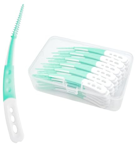 TRUEIN 60 Stück Interdentalbürsten, Weiche Gummi Zahnzwischenraumbürsten, Dentalbürsten mit Box, Gebogene Form Zahnsticks für Reinigen Schwer Erreichbarer Zwischenräume (Grün)