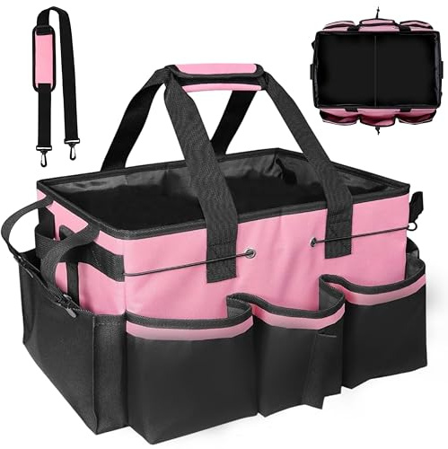 KEGOZ Cleaning Caddy Bag, Foldable Large Capacity Cleaning Bag with Handle & Detachable Thick Dividers, Oxford Cleaning Products Organiser, Multifunctional Cleaning Bags for Home, Car, Garden (Pink)