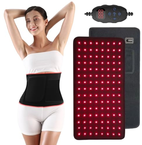Ceinture thérapeutique à 120 LED - 5 niveaux de vibrations - Avec contrôleur pulsé de 10 Hz - Coussin chauffant infrarouge pour le ventre et le dos - Lampe infrarouge pour thérapie du dos, des épaules