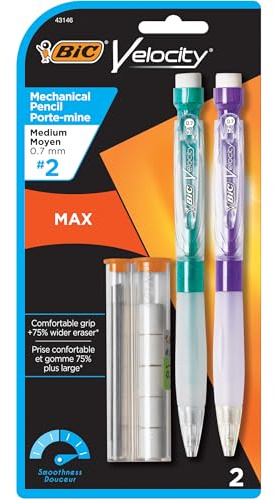 BIC Velocity Max Mechanical Pencils, With Colorful Barrel, Medium Point (0.7mm), 2-Count Pack Mechanical Pencils With Erasers and Lead Refills