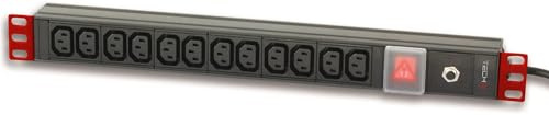 Techly Professional 023196 Multipresa 12 Posti VDE da Rack 19 con Interruttore Spina Italiana 1U Nero/Rosso