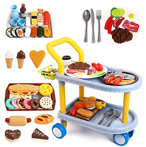 Kinder Food Trolley Auto, Kinder Rollenspiel große Speisewagenspielzeug und 98 Stück Lebensmittel, Küche, Geschirr Zubehör, Lernspielzeug für Jungen/Mädchen 3+Jahre