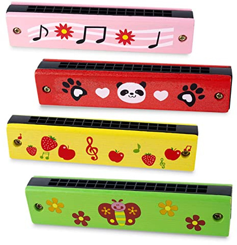AYNKH 4PCS Cartoon Wooden Harmonica, 16 Holes Mouth Organ Double Row Diatonic Harp, Perfect Music Gift Educational Toys for Beginners Kids Students