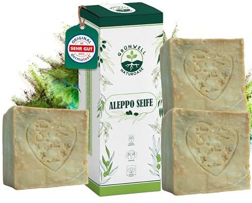 Grünwell Naturoase Aleppo Seife original 3x 200g (ca. 600 gr)100% Olivenöl | Olivenölseife Natürliche Pflege für Gesicht und Körper | Haarseife olivenöl seife | aleppo soap | original aleppo seife