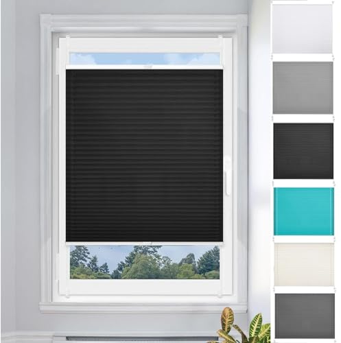 Plissee Ohne Bohren Plissees Klemmfix 105 x 120 cm Verdunklungsplissee Lichtundurchlässig Faltrollo Plisseerollo Jalousie Inkl. Aller Montage-Teile für Wohnzimmer, Schwarz