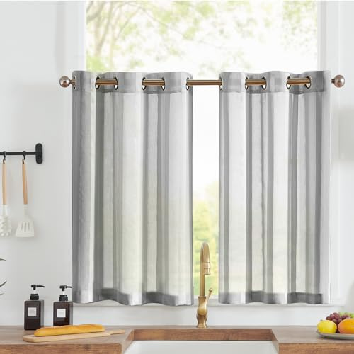 Vangao Voile Scheibengardinen mit Ösen Bistrogadine 2er Set B90xH60 cm Grau | Halbtransparent Scheibengardine Landhausstil Kurzstores mit Gestreift, Sheer Gardinen Kurz Modern, Fenster Küche Wohnwagen