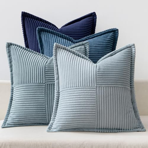 MIULEE 4er Set Kissenbezug 45×45cm Kordsamt Biese Patchwork Blau Serie | Weich Dekorativ Modern Vielseitig Pflegeleicht Langlebig Für Sofa Wohnzimmer Schlafzimmer Gästezimmer Und Balkon