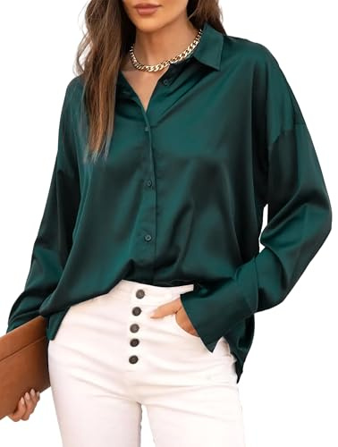 Jhsnjnr Damen Satin Bluse Longsleeve Klassische Hemdbluse V Ausschnitt Seidenbluse Business Oufit Langarmshirt Hemd