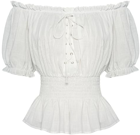 SCARLET DARKNESS Camicetta da donna in cotone rinascimentale, estiva, con volant, spalle scoperte, maniche a sbuffo, lacci e punto smock, bianco, XL