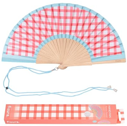 Fisura – Handfächer aus Holz mit Vichy-Karomuster. Modisches, farbenfrohes Accessoire, tragbarer rosa Fächer mit praktischem Aufhänger. Maße: 42,5 x 23 cm