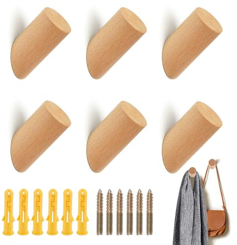 6 Piezas Gancho Perchero Madera Pared, Colgadores Pared con Tornillos Gran Capacidad de Carga, 45° Perchero Pared Madera Individual, Cabide Parede para Pesadas, Bufandas, Ropa (Haya 4 x 6 cm)