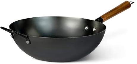 Amazon Basics Eingebrannter Wok aus Kohlenstoffstahl mit Akazienholzgriff, Für alle Herdarten geeignet, 32cm