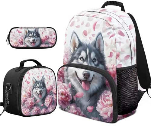 YDFISH Wolf Floral Girls Backpack 10-12 Years Old with Lunch Box 17inch Bookbag Set for Girl Set of 3 School Bag Large Capacity Pencil Case Set Children Bookbag Laptop Bag Teen Girls Back Pack