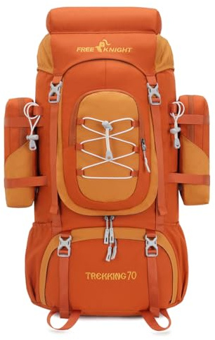 Bseash Sac à dos imperméable de 70 L (65 + 5) avec housse de pluie, sac à dos de randonnée pour sports de plein air, voyage, escalade, randonnée (orange)