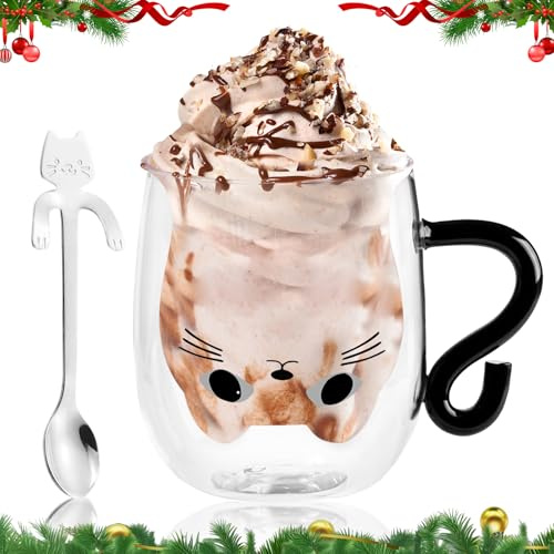Zyluniy Taza de Café de Cristal a Doble Pared con Diseño de Gato, Resistente al Calor para Café, Té y Latte, Tazas para Café Regalo para Amantes de Gatos Cumpleaños