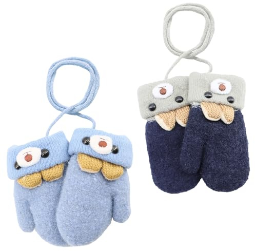 Solivive 2 Paires de Moufles Bébé Tricoté,Gant Enfant Chaud avec Cartoon Mignon Gloves, moufle bebe,Doublure en Fourrure et Corde Anti-Perte pour Enfants Garçons Filles 0-3 Ans