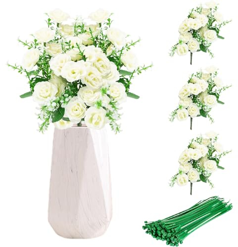 ZenyTra Lot de 3 bouquets de roses artificielles (15 tiges) – 45 petites roses blanches réalistes avec 10 serre-câbles – Fleurs artificielles résistantes aux intempéries et aux UV pour jardin, balcon
