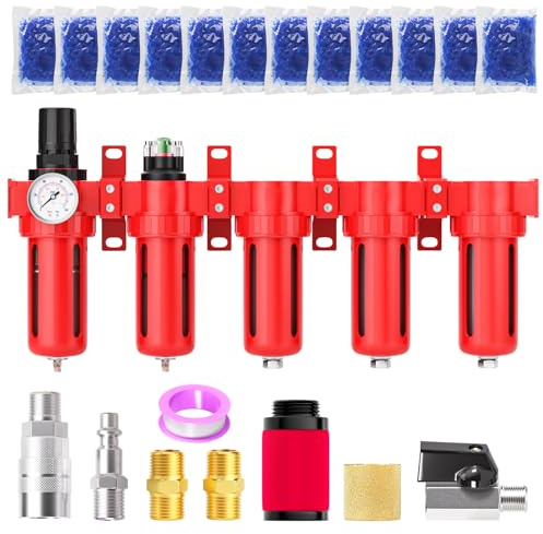 MEANLIN 3/8 NPT Industrial Grade 5 Stage Aluminum Air Drying System, Coalescing Filter, Particulate Filter, Triple Desiccant Dryer and Air Regulator, Manual Drain For Plasma Cutter and Paint Spray