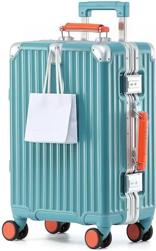 Aoliwei Aluminium-Rahmen Koffer groß XL (75cm) – Premium Hartschalen-Trolley für 11-14 Tage Reisen, Blau mit orangem Echtleder-Griff, TSA-Schloss & & 360° Silent-Doppelrollen, Blau