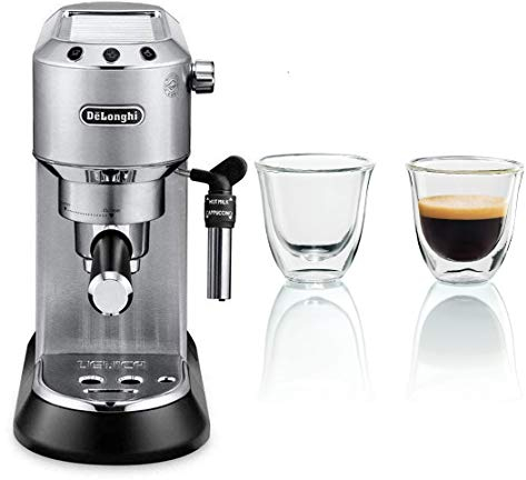 De'Longhi Dedica EC685.M Macchina da Caffè Espresso Manuale e Cappuccino + 2 bicchieri espresso, Caffè in Polvere o in Cialde E.S.E., 15 bar, 1350 W, Argento