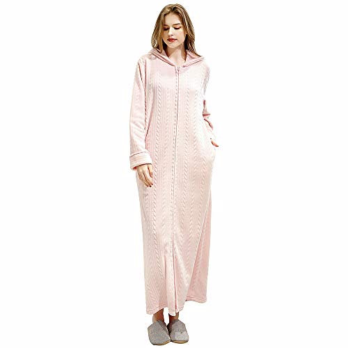 Oksun Bademantel Morgenmantel für Damen Weich Flauschig Kuschelfleece Lang Saunamantel mit Reißverschluss. Kapuzen - Rosa, Größe L
