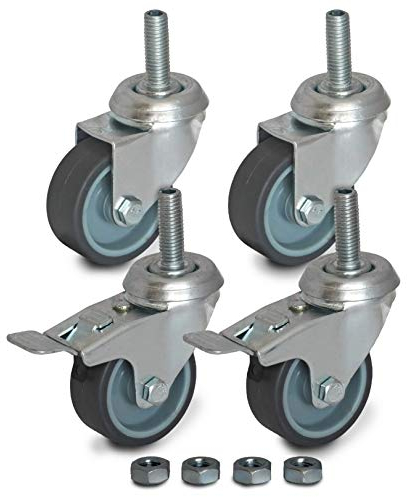 Lot de 4 roulettes pivotantes 50 mm avec vis filetées M10 et écrous M10 de rechange en caoutchouc (TPR, 2 freinés/2 pivotants, modèle n° 6080/90050CK-1-x2+2)