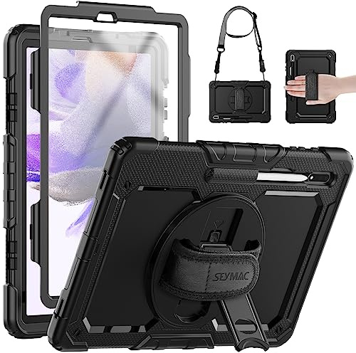 SEYMAC Hülle für Samsung Galaxy Tab S7 FE 2021/S8 Plus 2022/S7 Plus 2020 12,4 Zoll, Stoßfest Hülle mit Displayschutzfolie, Drehbarem Ständer/Handschlaufe, Schultergurt, Pen Halter, Schwarz