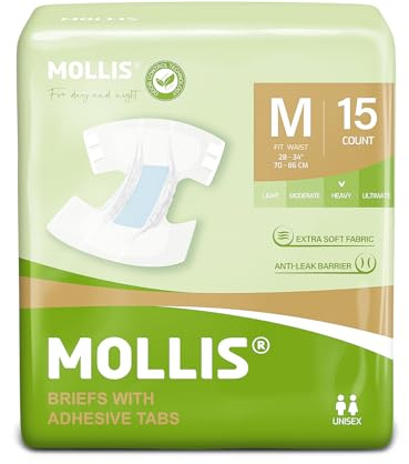MOLLIS Couches Adultes Hommes et Femmes, Culottes Absorbantes Incontinence, Couches Jetables avec Languettes, Protection pour Fuite Urinaire, Unisexe, Taille M, 15 Unités