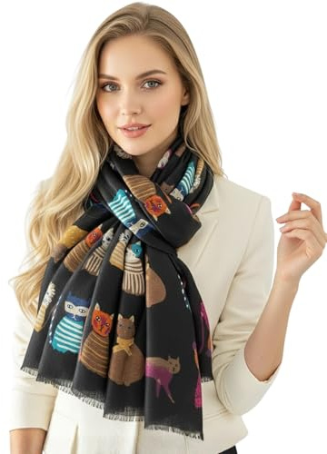 The Accessory Co. Cat Print Womens Scarf – Lightweight Cotton Shawl Wrap, Fun Cat Design, Ideal for Spring, Summer, Autumn & Winter – Perfect for Birthdays, Mother’s Day & More
