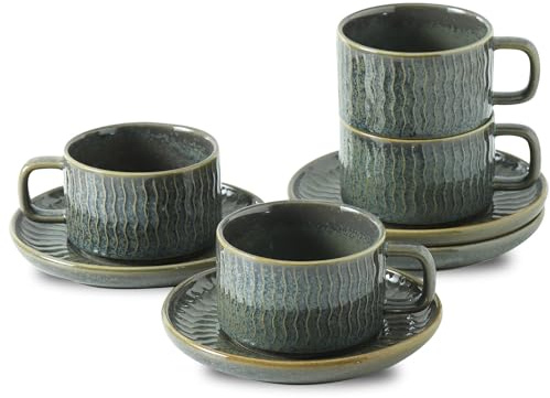 Seyatoo Espresso Cup with Saucer - 6 Ounce Ceramic Espresso Mugs Set of 4, Cappuccino Cups Set, Latte Coffee Cups for Coffee, Cafe Mocha, Tea, Green