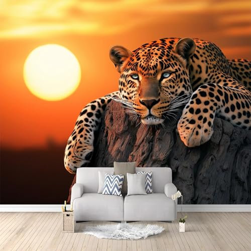 Papier Peint de Photo Guépard Orange Au Coucher Du Soleil 300x210 cm Papier Peint Murale intissé Panoramique, Papier Peint Personnalisé Pour Garçon Fille Ado Chambre Salon Décor