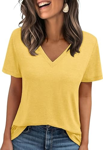 Cuptacc Tshirt Femme Top Femme Chic Et Élégant Ete Mode Haut Basique Col en V Jaune M 38-40