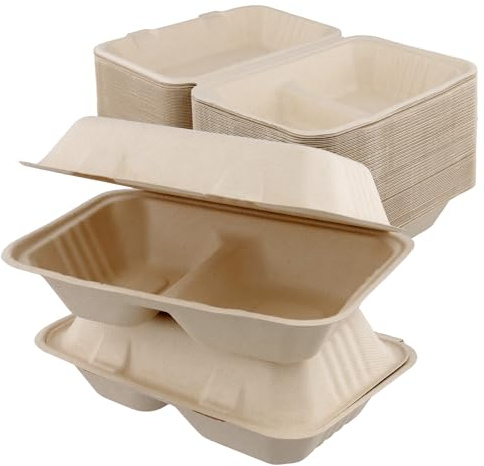 FAAING 75 Stück 900ml Menüboxen 2 Geteilt, 2 Fächer Lunchbox Pappe Einweg Menübox, Lunchboxes Menüschalen mit Deckel, Bagasse Take Away Box mit Klappdeckel, To Go Verpackungen Essen